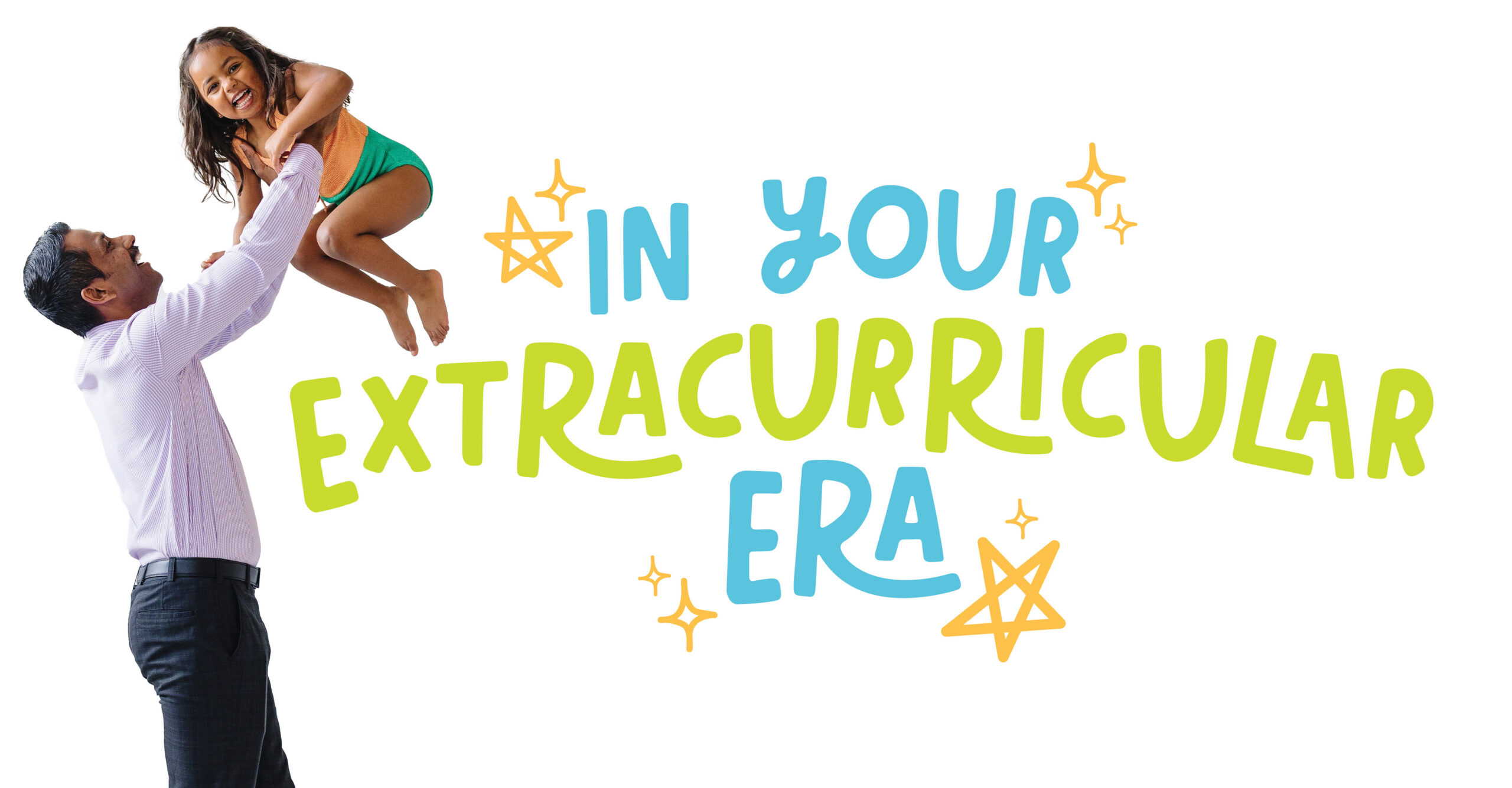 A man in a white button-up shirt holds his giggling daughter in the air, smiles on both of their faces as they celebrate all that she has learned through swim lessons.